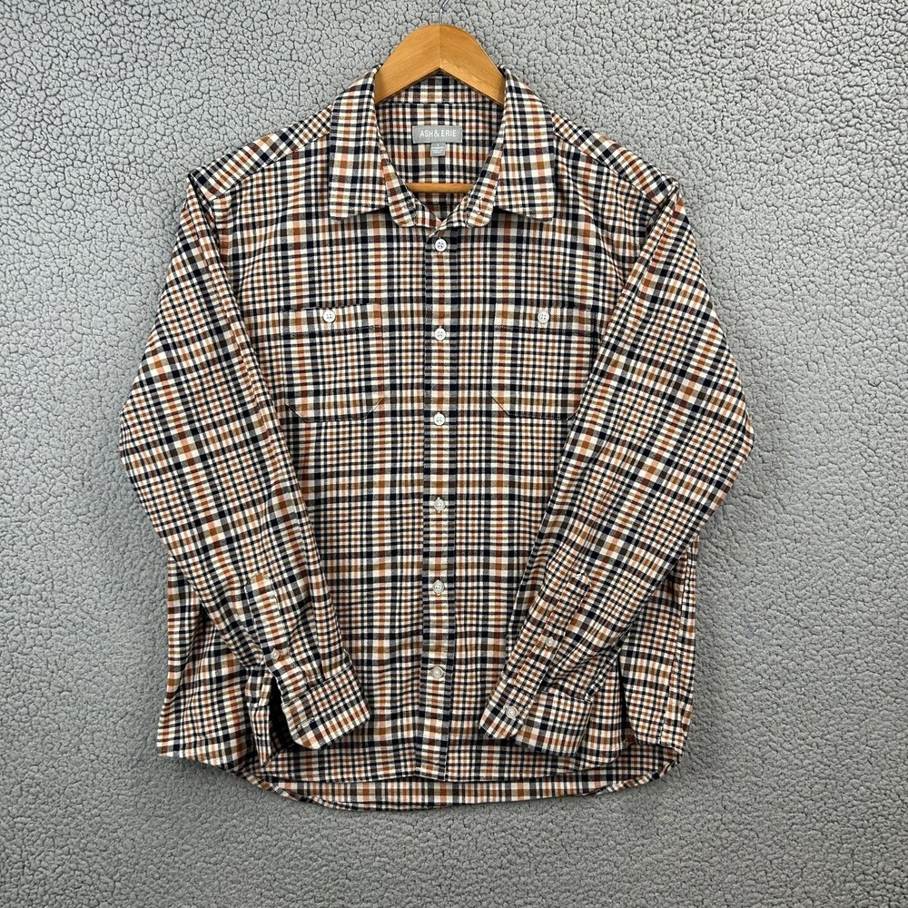 ASH & ERIE Casual Button-Down‎ Shirt Men's L Brown Navy Plaid Cotton Stretch